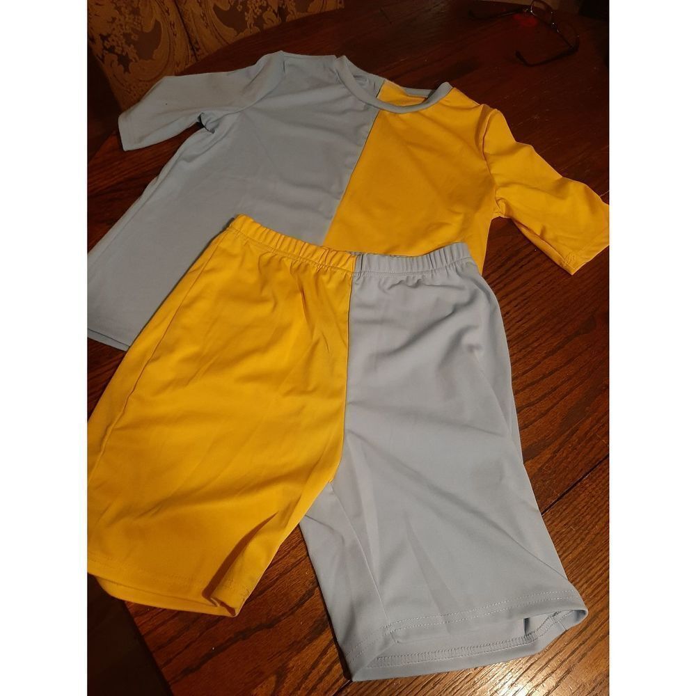 New Large Yellow Blue Color Block 2pc Shorts Short Sleeve Shirt Set Outf…